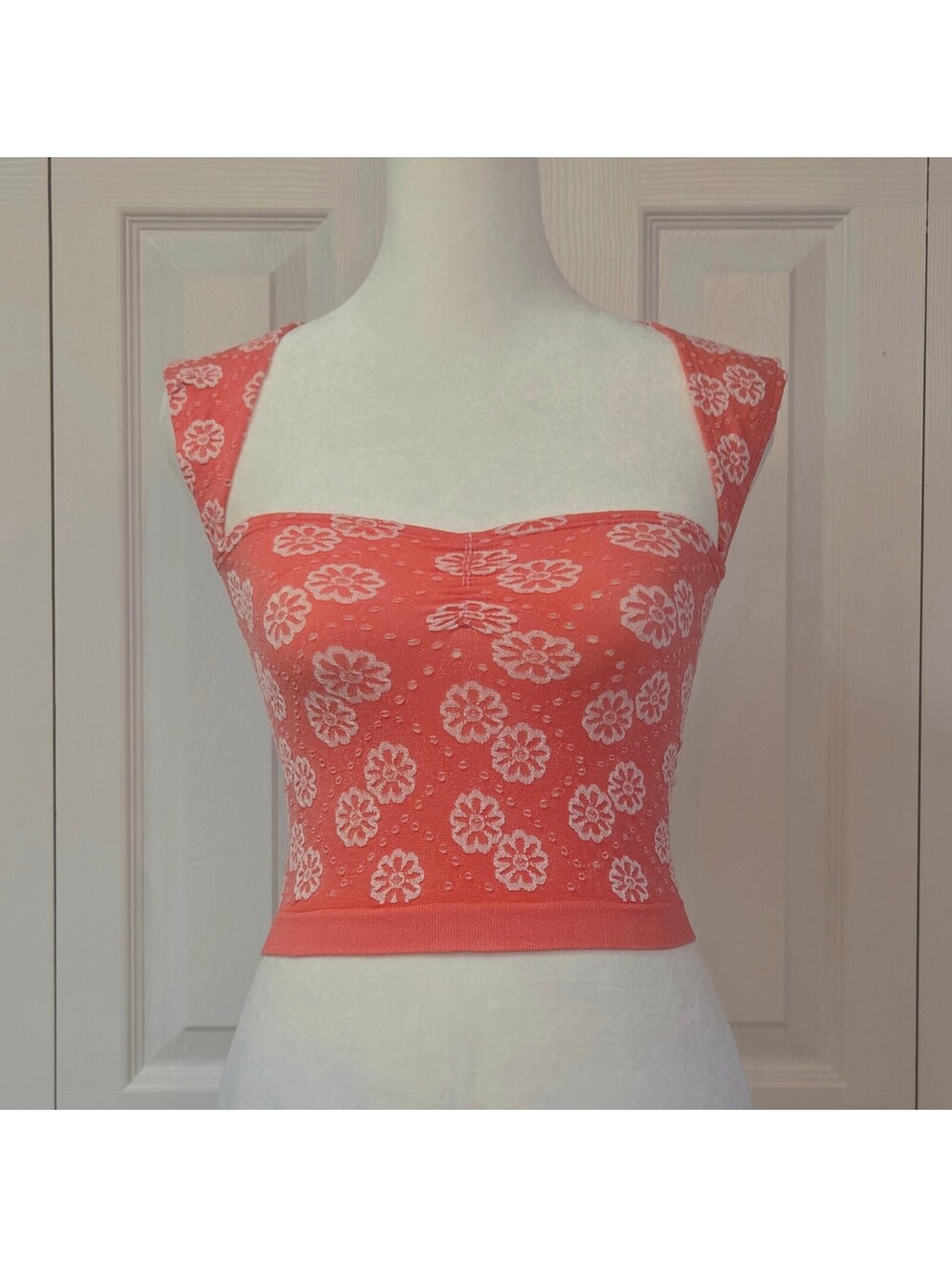 Bright Coral Pink Floral Square Neck Tank Top Y2K Indie Cottage Coquette Sz XS/S
